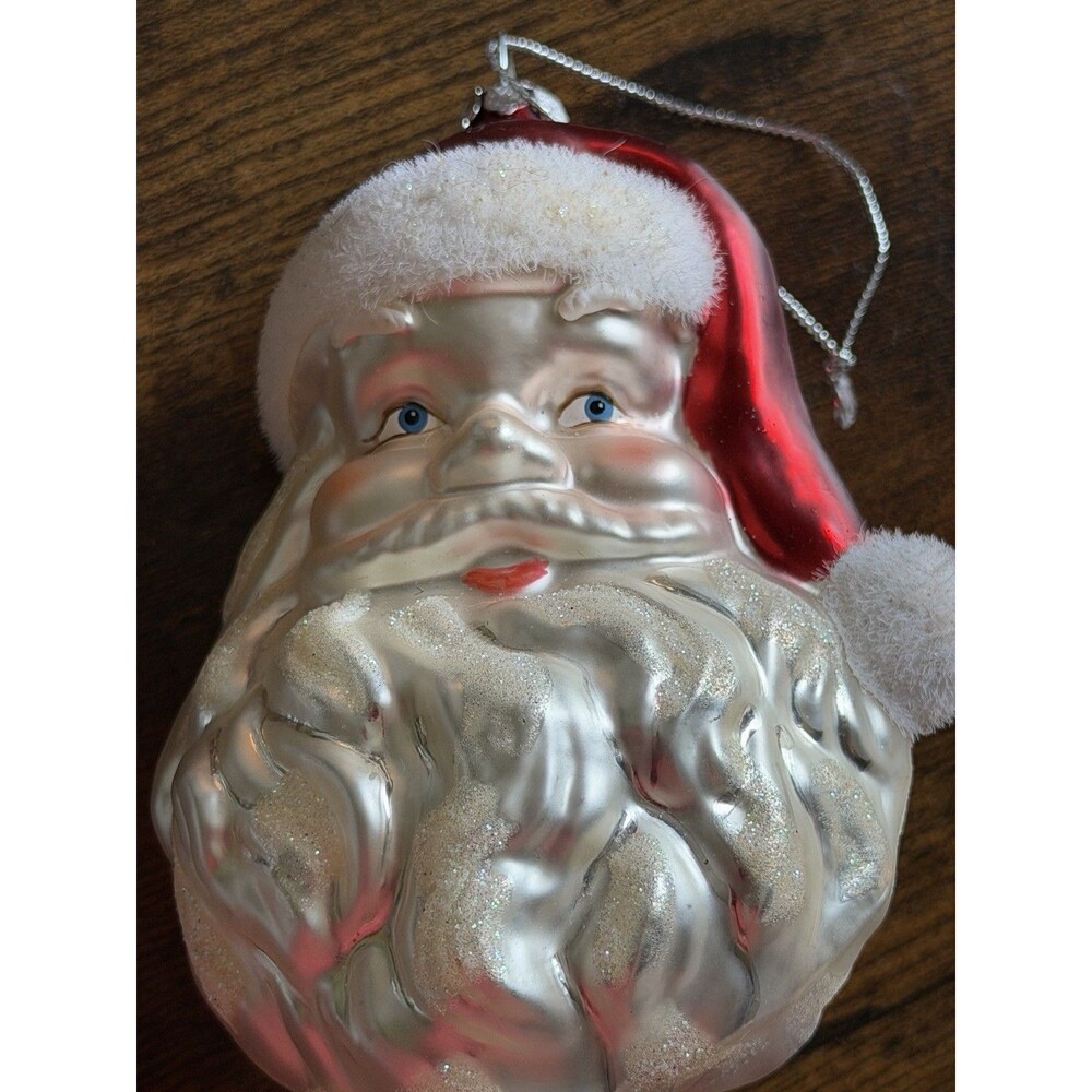 Santa Claus Head Christmas Ornament Red Hat Silver White Glitter Beard 5.5 Inch